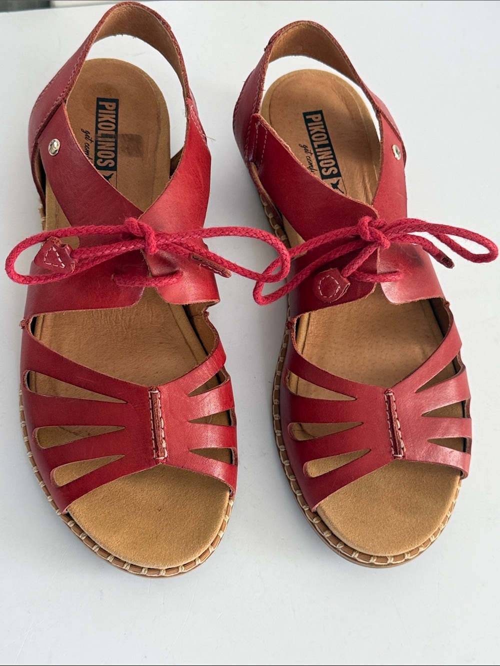 PIKOLINOS Red Leather Lace-Up Slingback Sandals